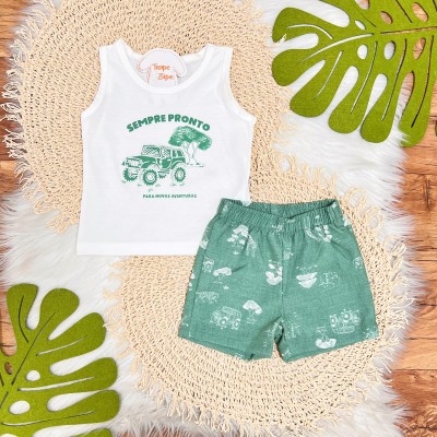 Conj. Regata Sempre Pronto Para Novas Aventuras e Bermuda - Off White e Verde